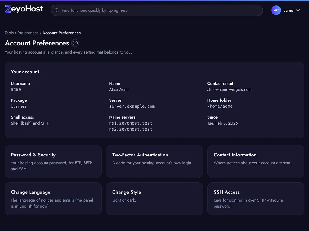 Account Preferences showing the hosting account's username, package, server, home folder and name servers, above links to each preference page.