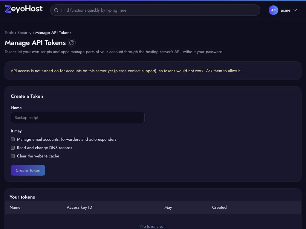 The Manage API Tokens page with the Create a Token form, its permission checkboxes, the list of your tokens and the Using a token example.