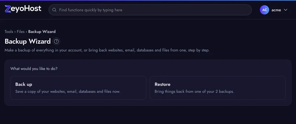 The Backup Wizard's first step, asking what you would like to do, with a Back up and a Restore choice.