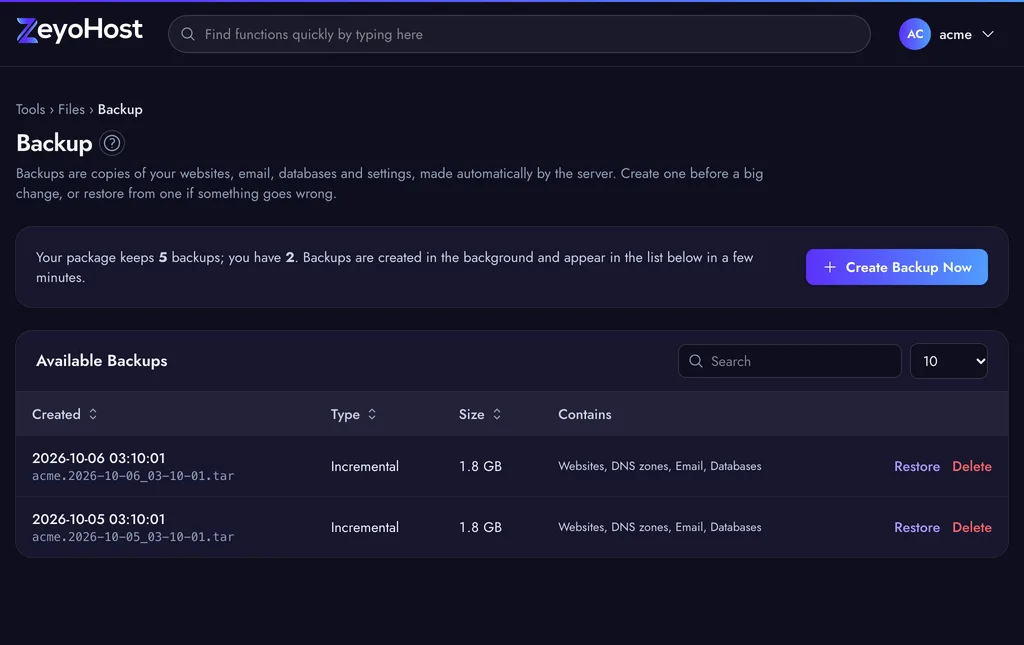 The Backup page with the Create Backup Now button and the Available Backups table listing each backup's date, type, size and contents.