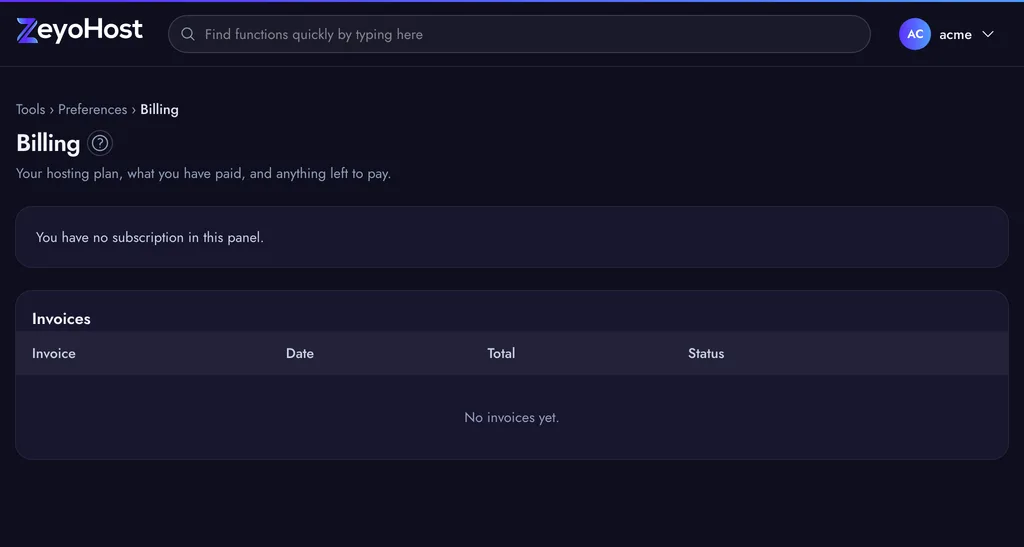 Billing showing a subscription's plan, status, hosting account, renewal date and payment method, above the Invoices table.