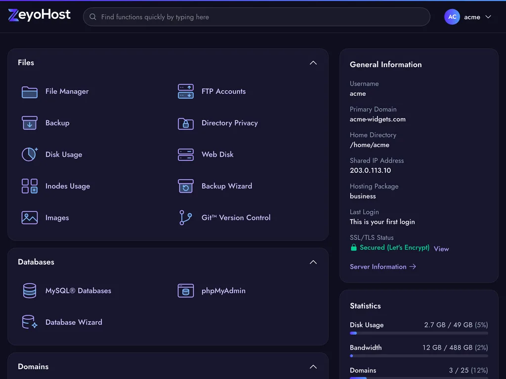 The panel home: tools grouped into Files, Databases, Domains and Email, with account details and usage on the right.