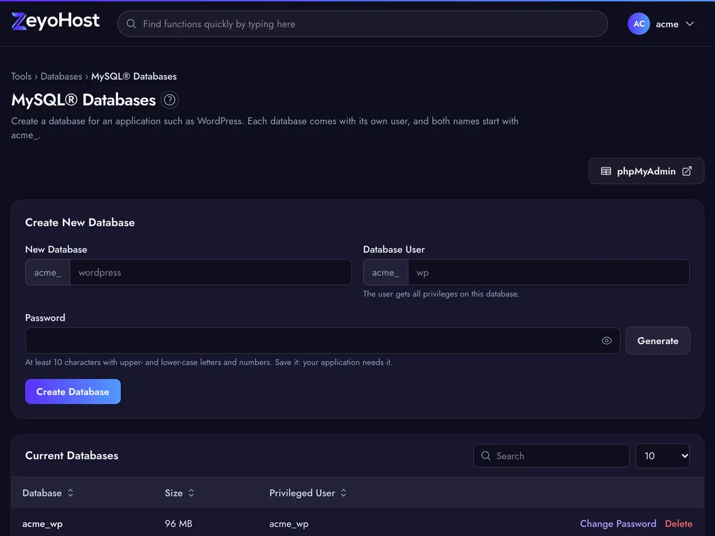 The MySQL Databases page with the Create New Database form, where the account prefix sits in front of the database and user names, above the Current Databases table and a phpMyAdmin button.