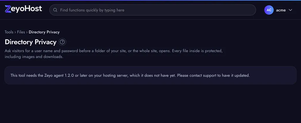 The Directory Privacy page with the Protect a Folder form (folder, name shown in the login box, user name, password) and the table of protected folders.