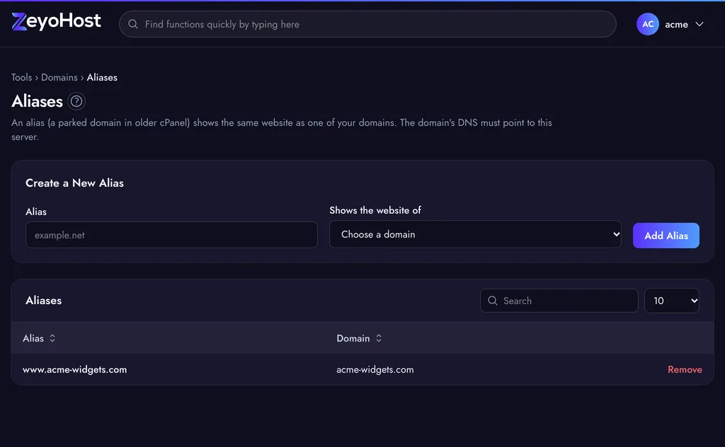 The Aliases page with the Create a New Alias form, an Alias field and a Shows the website of menu, above a table pairing each alias with its domain.