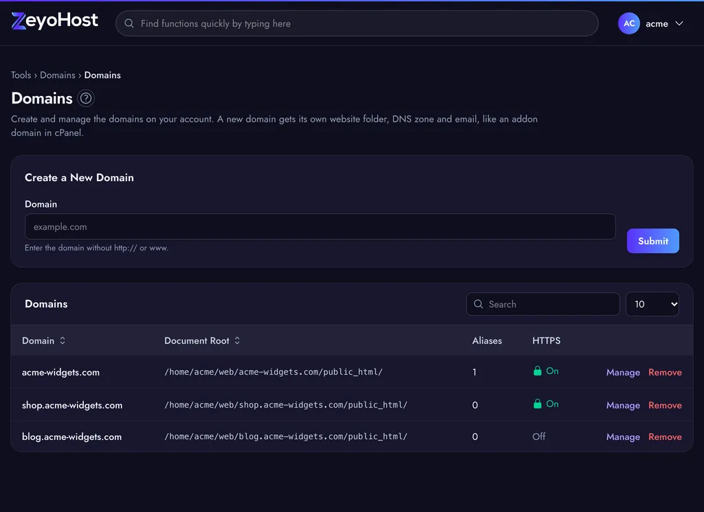 The Domains page with the Create a New Domain form above a table of domains showing each one's document root, number of aliases and HTTPS status, with Manage and Remove links.