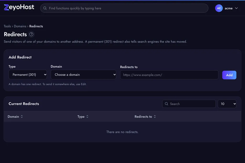 The Redirects page with the Add Redirect form, a Type menu, a Domain menu and a Redirects to field, above the Current Redirects table.