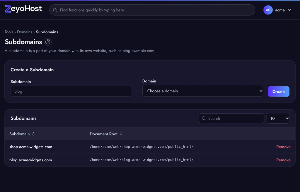 The Subdomains page with the Create a Subdomain form, a Subdomain field and a Domain menu, above a table of subdomains and their document roots.