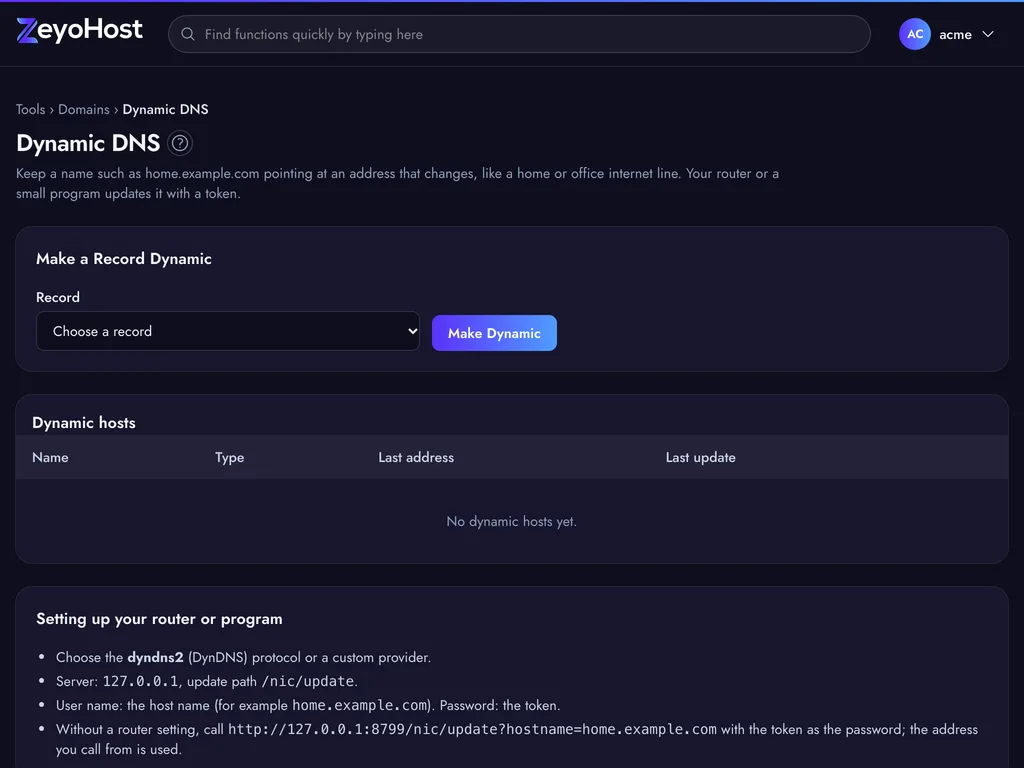 The Dynamic DNS page with the Make a Record Dynamic form, the Dynamic hosts table and the Setting up your router or program instructions.