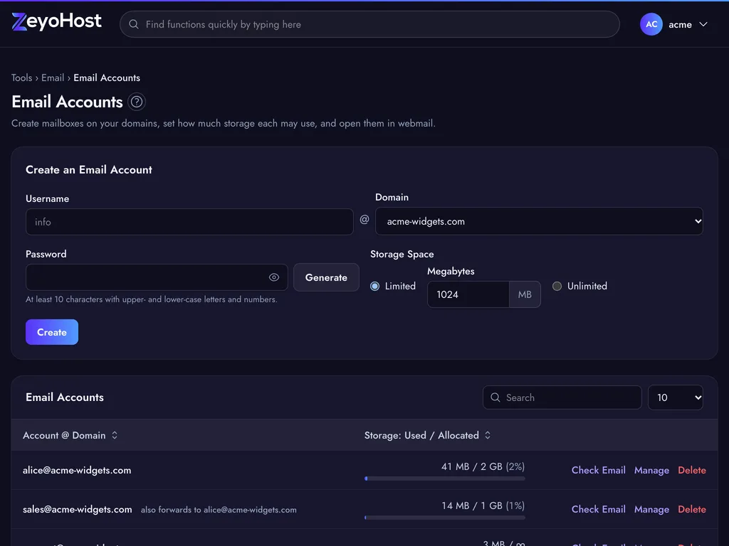 Email Accounts in the panel.