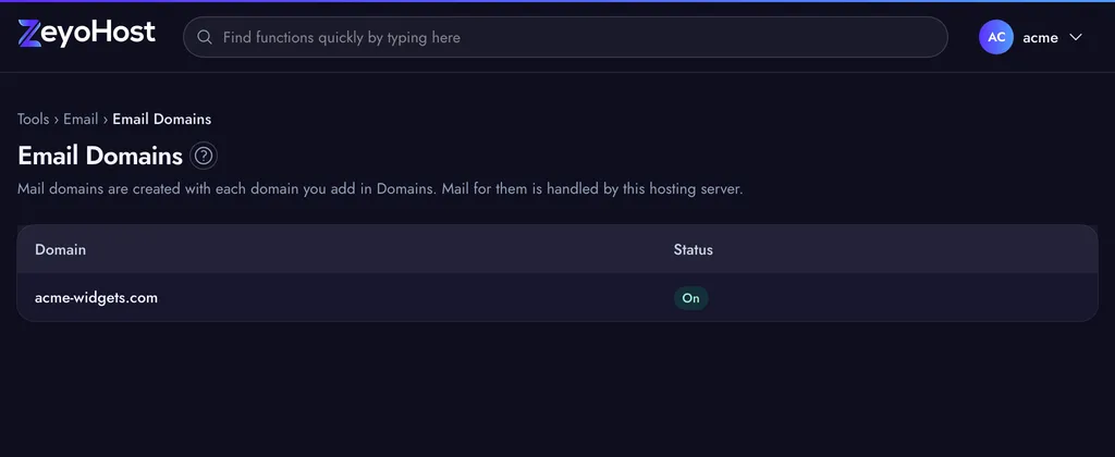 Email Domains in the panel, showing a domain and its DNS records.