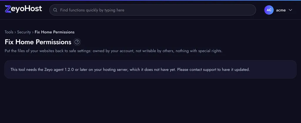 The Fix Home Permissions page with the Check and Fix Permissions buttons and a check result counting files in each category.
