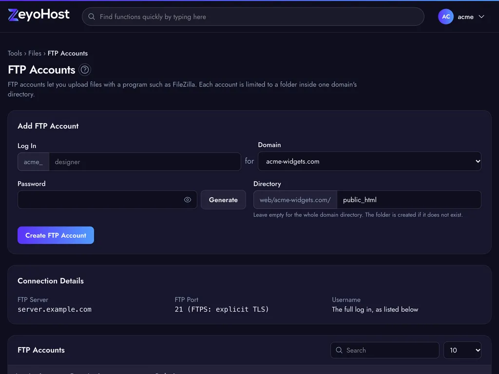 The FTP Accounts page with the Add FTP Account form, the Connection Details panel and a list of FTP accounts with their domain and path.