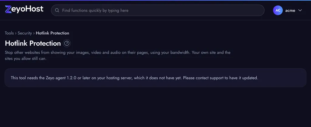 The Hotlink Protection page for a website, showing whether it is on, the file types, the redirect address, the allowed sites and the Turn On button.