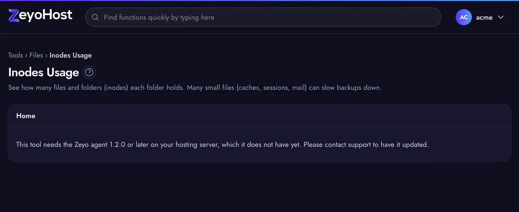 The Inodes Usage page listing the folders of the home directory with the number of files and folders in each, highest first.