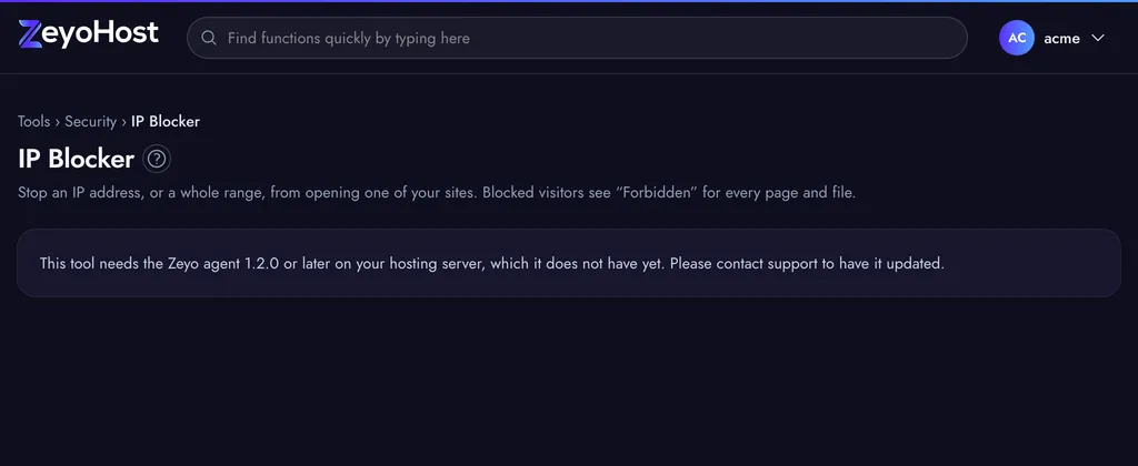 The IP Blocker page with the Block an Address form, a note showing your own address, and the list of addresses blocked on the selected website.