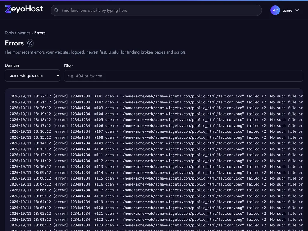 The Errors page with a Domain menu and a Filter field above the latest lines of the chosen website's error log.