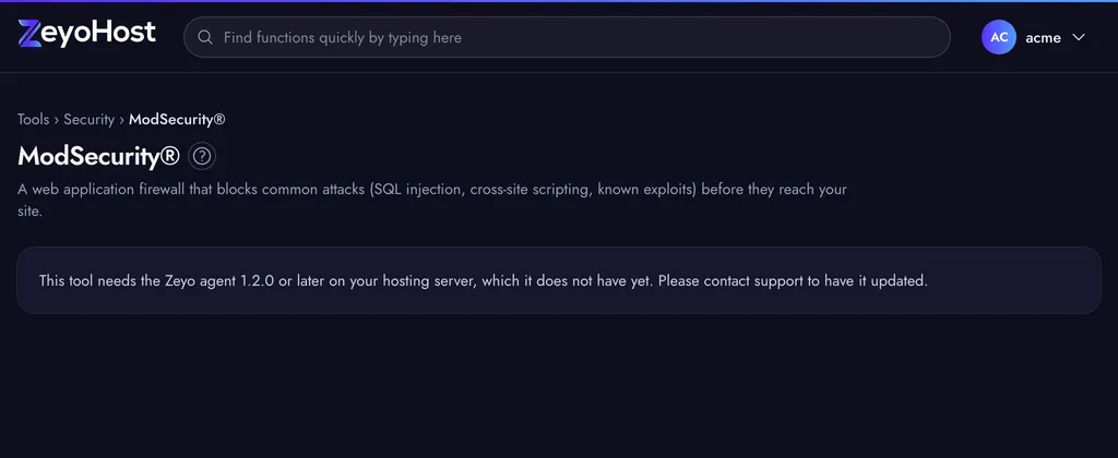 The ModSecurity page with a table of your websites, each marked On or Off, and a Turn off or Turn On link.