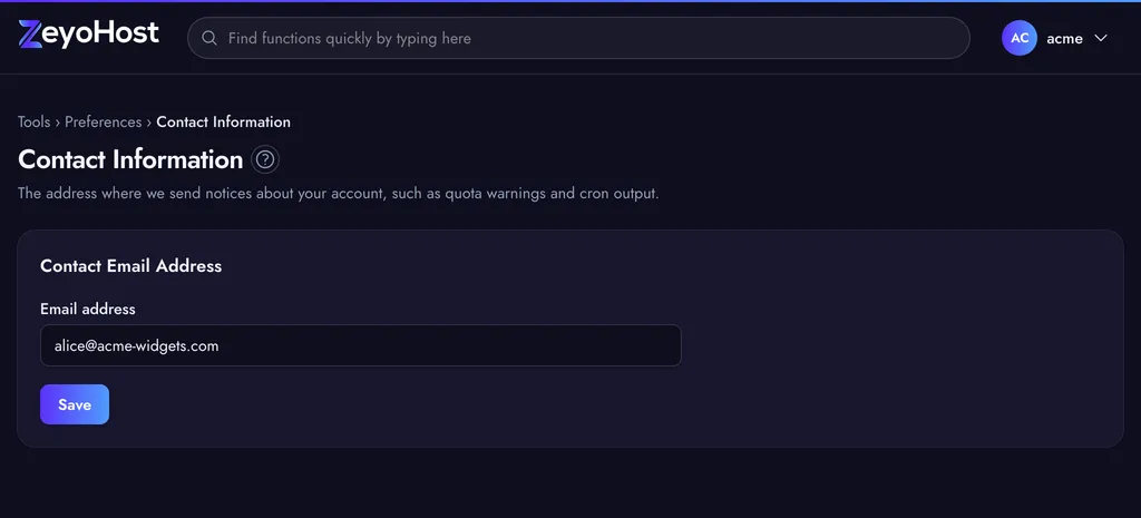 Contact Information with the Contact Email Address form and a Save button.