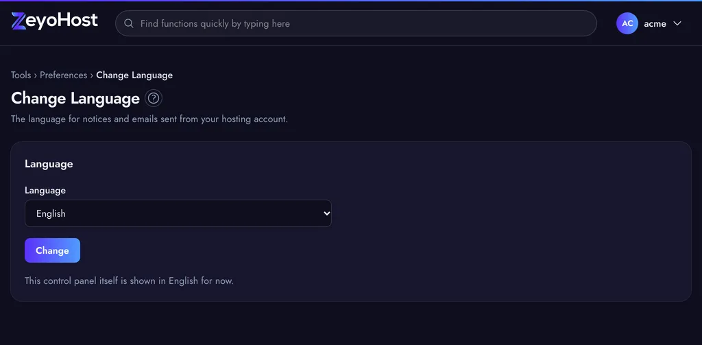 Change Language with a language list and a Change button.