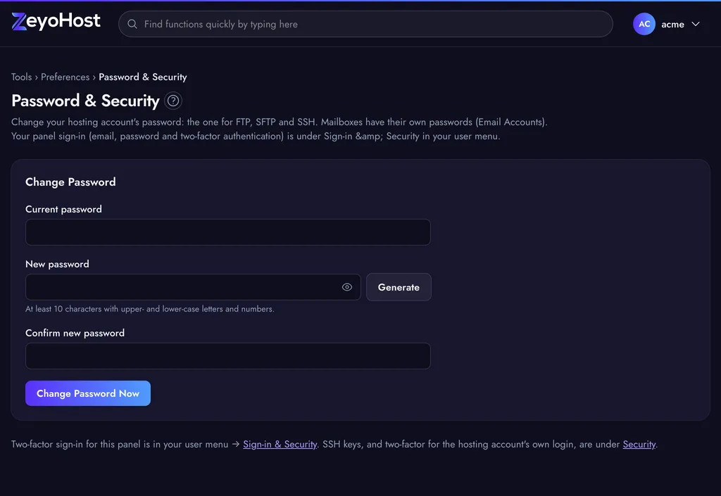 Password & Security with the Change Password form: current password, new password with a Generate button, and confirmation.