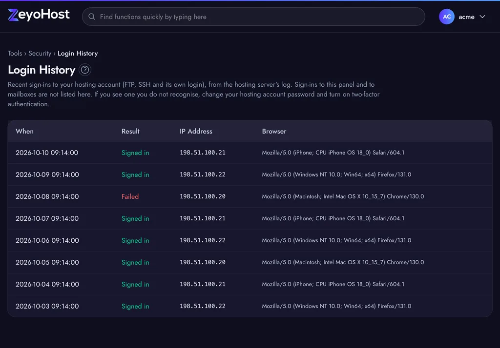 The Login History page: a table of sign-ins with the date and time, the result, the IP address and the browser.