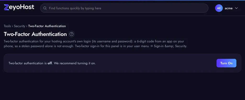 The Two-Factor Authentication page saying two-factor authentication is off, with the Turn On button.