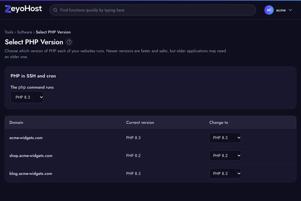 Select PHP Version with the PHP in SSH and cron setting at the top and a table of domains with their current version and a Change to list.