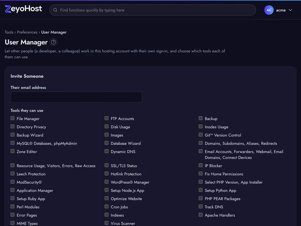 User Manager listing invited team members and their tools.