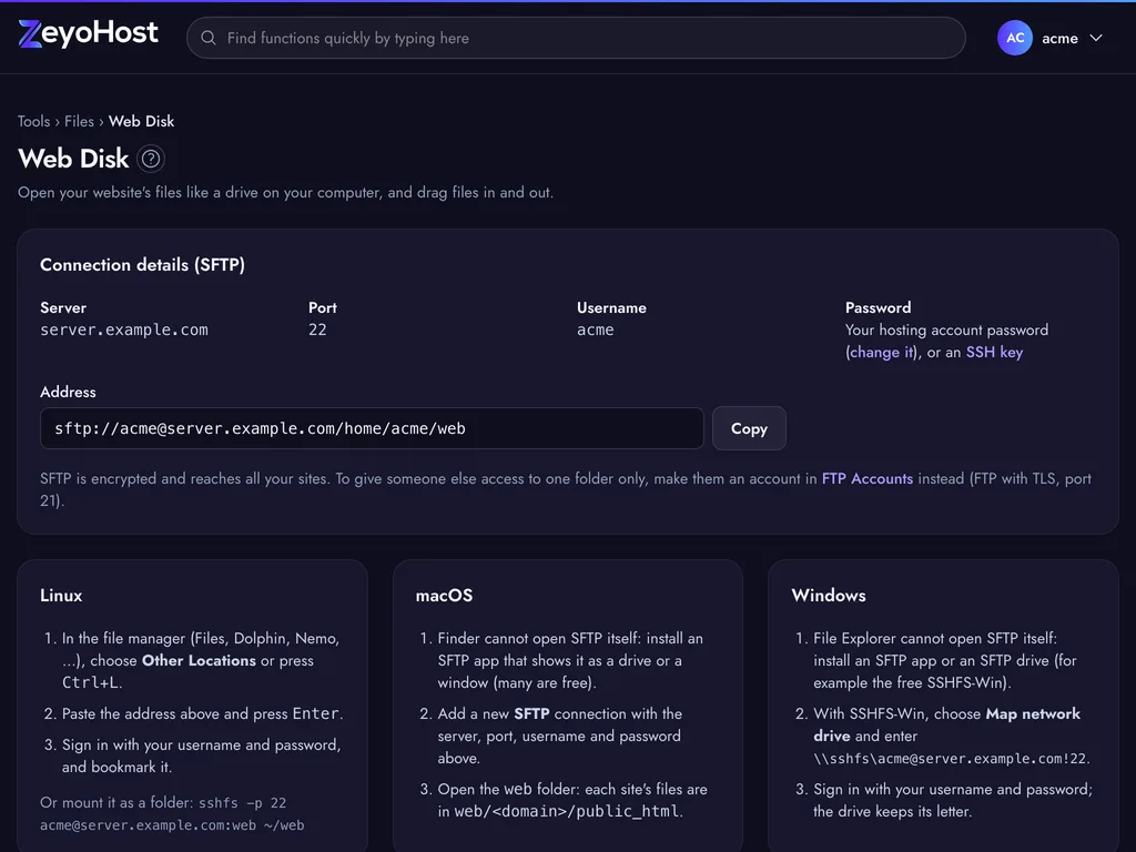 The Web Disk page with the SFTP server, port, username and password details, the address with a Copy button, and steps for Linux, macOS and Windows.