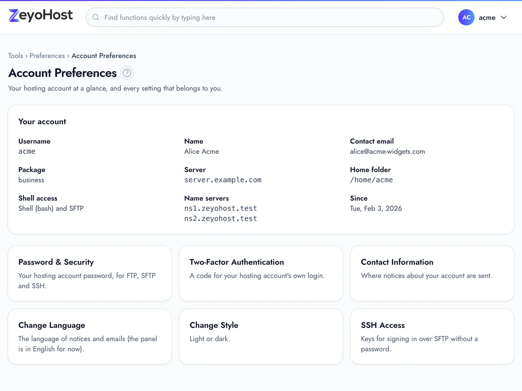 Account Preferences showing the hosting account's username, package, server, home folder and name servers, above links to each preference page.