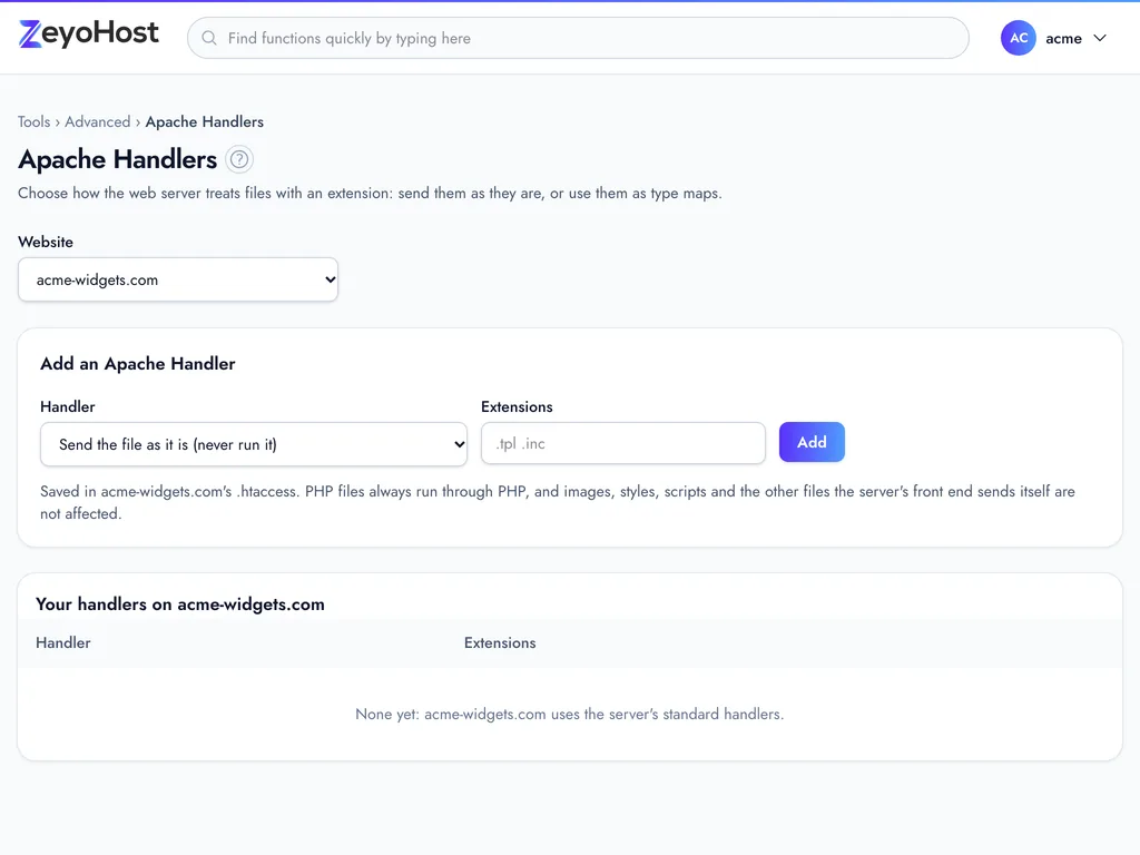 The Apache Handlers page with the Add an Apache Handler form, its Handler list and Extensions field, and the table of handlers on the website.