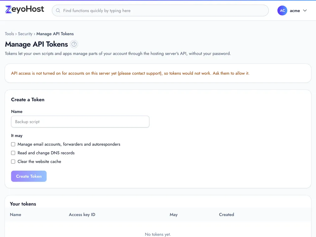 The Manage API Tokens page with the Create a Token form, its permission checkboxes, the list of your tokens and the Using a token example.