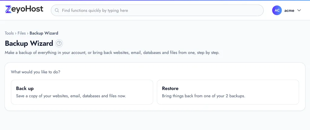 The Backup Wizard's first step, asking what you would like to do, with a Back up and a Restore choice.