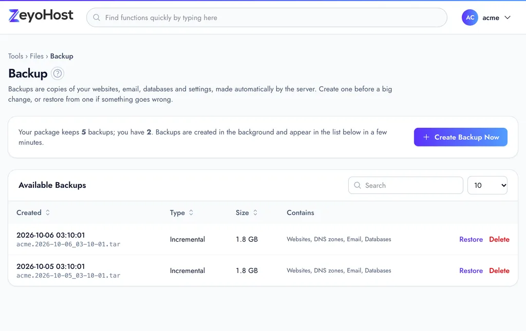 The Backup page with the Create Backup Now button and the Available Backups table listing each backup's date, type, size and contents.