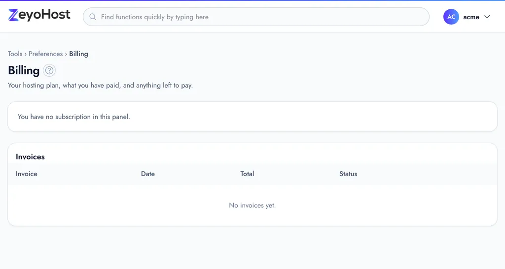 Billing showing a subscription's plan, status, hosting account, renewal date and payment method, above the Invoices table.