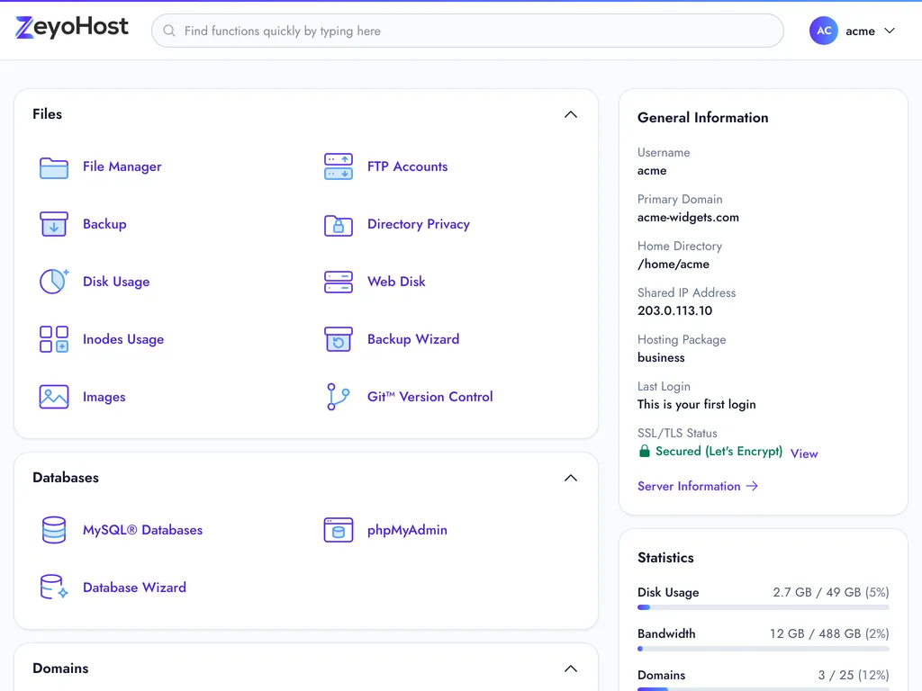The panel home: tools grouped into Files, Databases, Domains and Email, with account details and usage on the right.