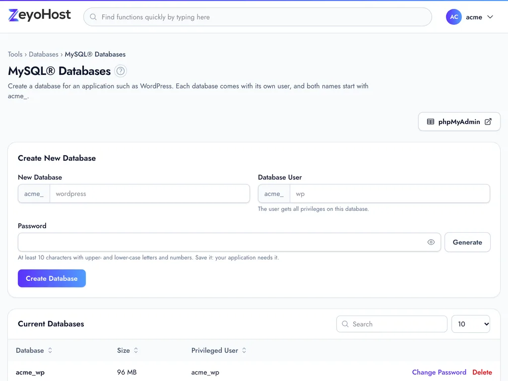 The MySQL Databases page with the Create New Database form, where the account prefix sits in front of the database and user names, above the Current Databases table and a phpMyAdmin button.