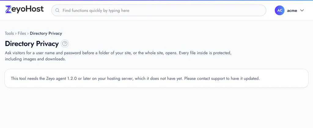 The Directory Privacy page with the Protect a Folder form (folder, name shown in the login box, user name, password) and the table of protected folders.