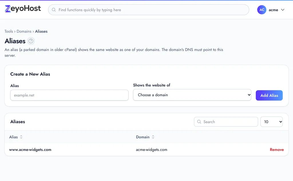 The Aliases page with the Create a New Alias form, an Alias field and a Shows the website of menu, above a table pairing each alias with its domain.