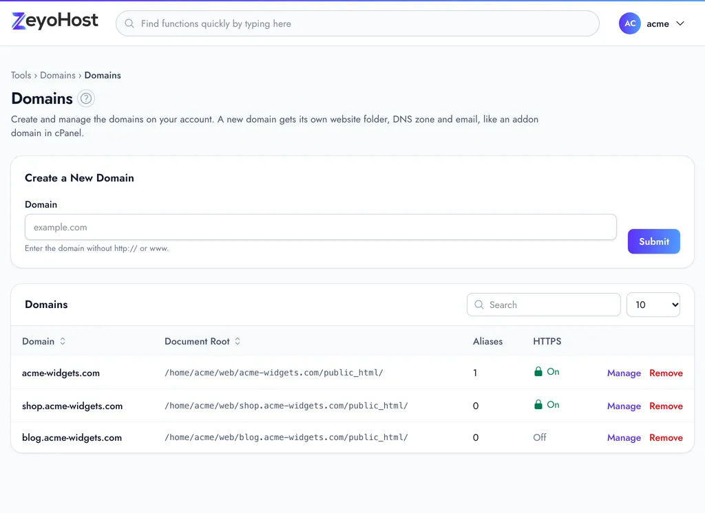 The Domains page with the Create a New Domain form above a table of domains showing each one's document root, number of aliases and HTTPS status, with Manage and Remove links.