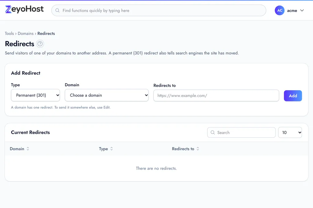 The Redirects page with the Add Redirect form, a Type menu, a Domain menu and a Redirects to field, above the Current Redirects table.