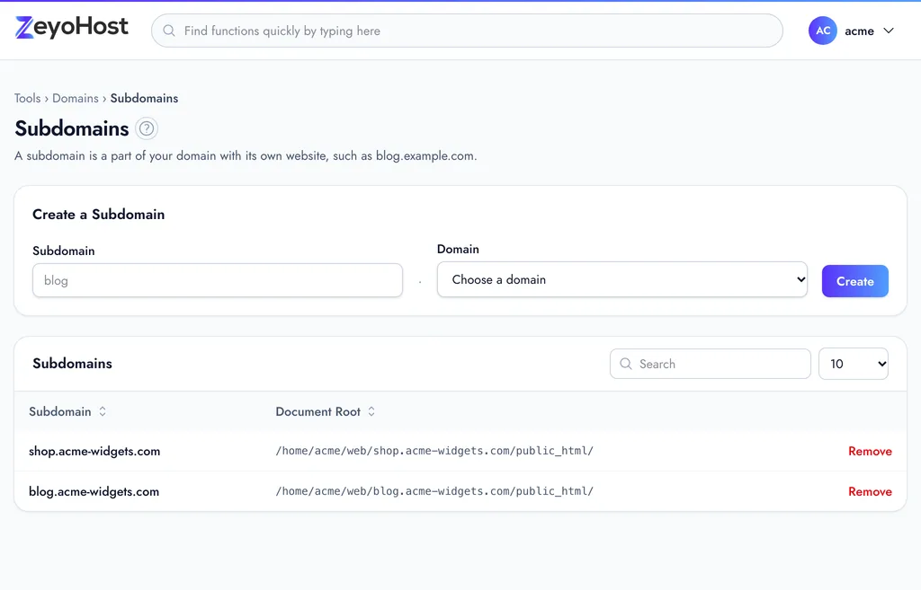 The Subdomains page with the Create a Subdomain form, a Subdomain field and a Domain menu, above a table of subdomains and their document roots.