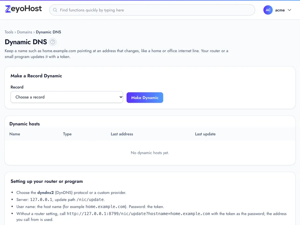 The Dynamic DNS page with the Make a Record Dynamic form, the Dynamic hosts table and the Setting up your router or program instructions.