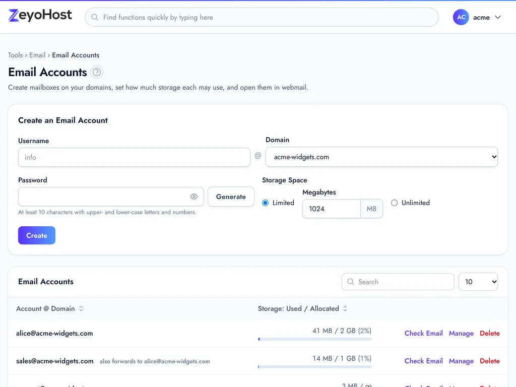 Email Accounts in the panel.