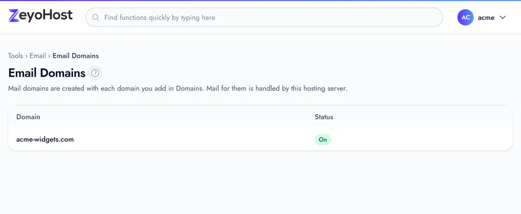 Email Domains in the panel, showing a domain and its DNS records.