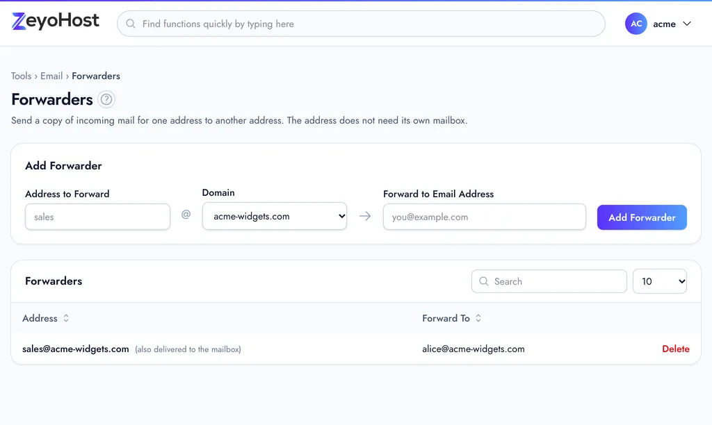Forwarders with the Add Forwarder form and a table listing each address and the address it forwards to.