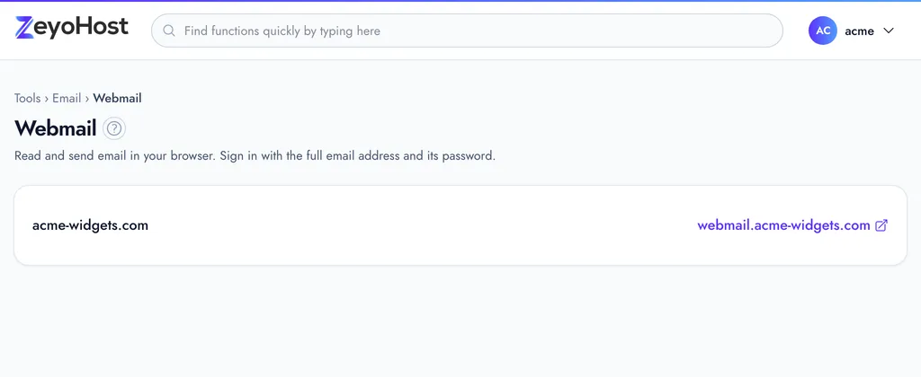 The Webmail page listing a mail domain with a link to its webmail address.