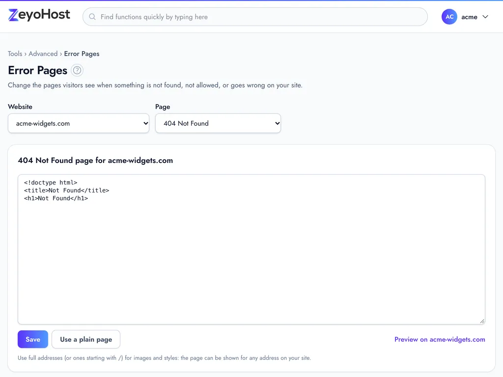 The Error Pages page with the Page list set to 404 Not Found, the HTML editor, and the Save, Use a plain page and Preview buttons.