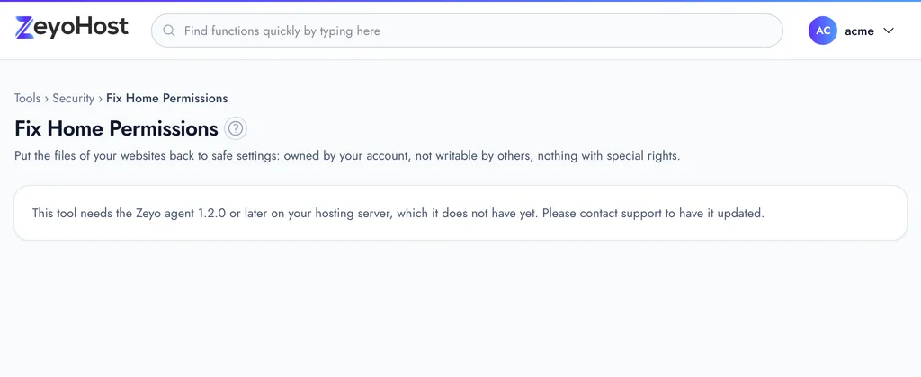 The Fix Home Permissions page with the Check and Fix Permissions buttons and a check result counting files in each category.